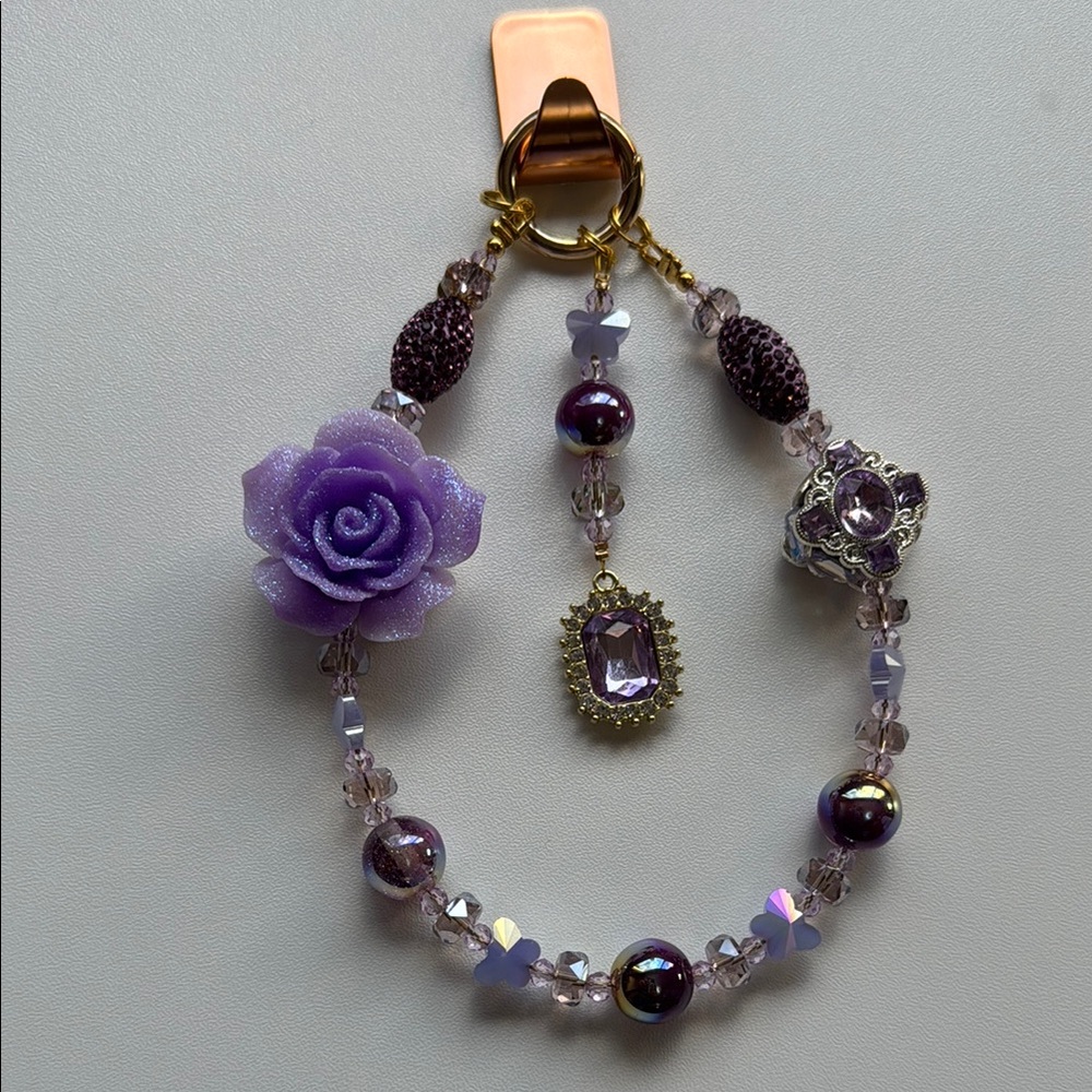 Purple Beaded keychain/bag charm with Floral Accent